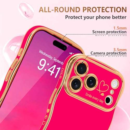 LCHULLE for iPhone 17 Pro Max Case for Women Girls, Cute Wave Frame Curly Shape with Love Heart Raised Camera Protection Cover Luxury Plating Shockproof Phone Case for iPhone 17 Pro Max, Hot Pink - Image 4
