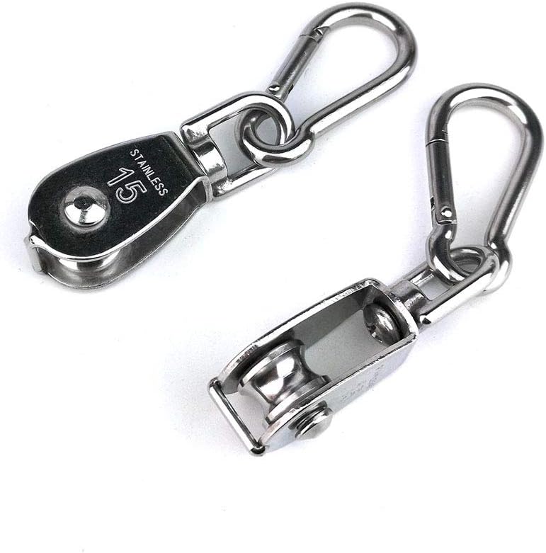 Hamineler 2PCS 304 Stainless Steel Single Pulley Block M15, Wire Rope Crane Pulley Block Hanging Wire Towing Wheel with 2PCS Spring Snap Hook - Image 4