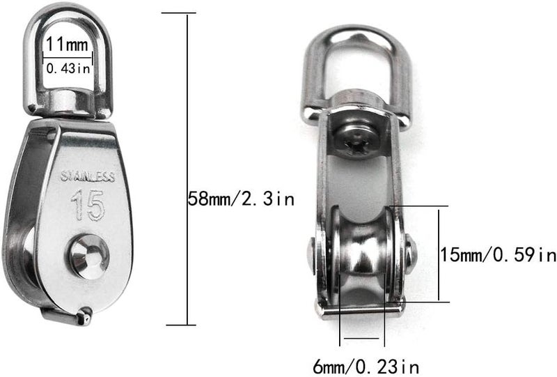 Hamineler 2PCS 304 Stainless Steel Single Pulley Block M15, Wire Rope Crane Pulley Block Hanging Wire Towing Wheel with 2PCS Spring Snap Hook - Image 2