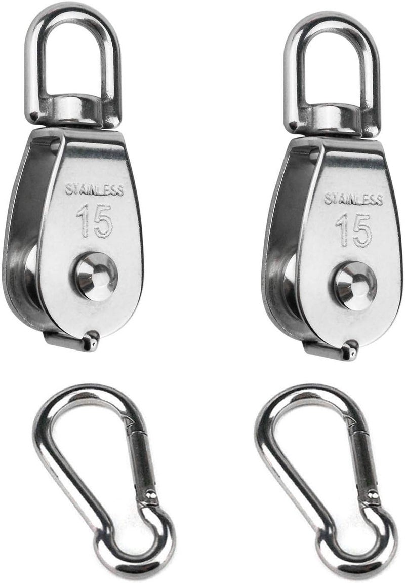 Hamineler 2PCS 304 Stainless Steel Single Pulley Block M15, Wire Rope Crane Pulley Block Hanging Wire Towing Wheel with 2PCS Spring Snap Hook - Image 1