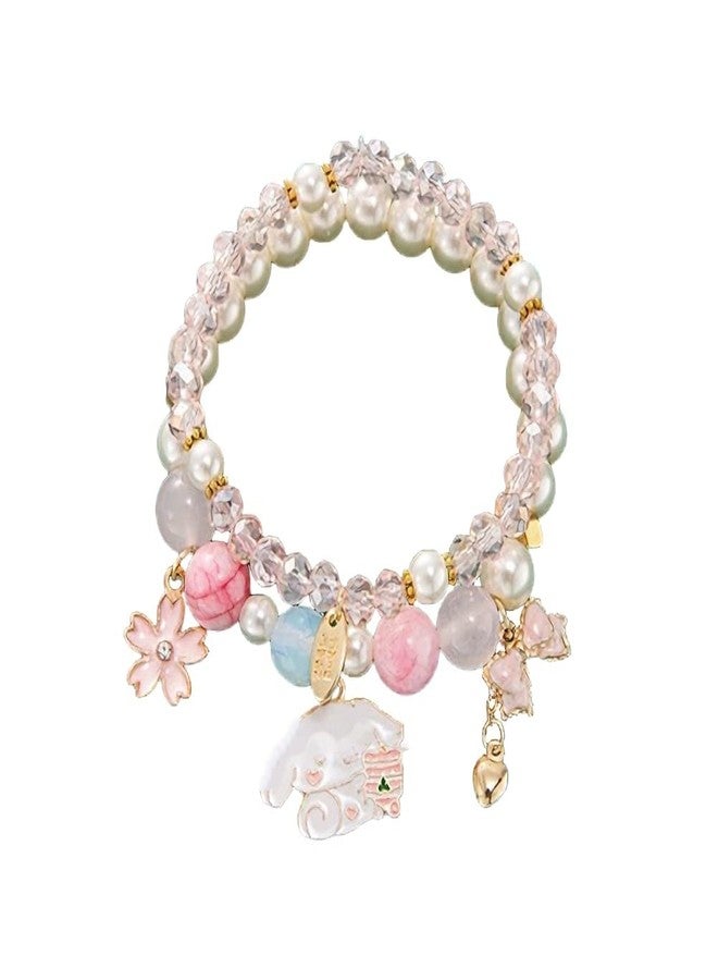 أساور بينغيونغ تشانغ المرنة برسومات كرتونية، مزينة بخرز كريستالي ولؤلؤ، أساور خرز قابلة للتعديل بتصميم كاواي لطيف للنساء، أساور ساحرة للتخرج، هدية عيد ميلاد - وردي - Image 1