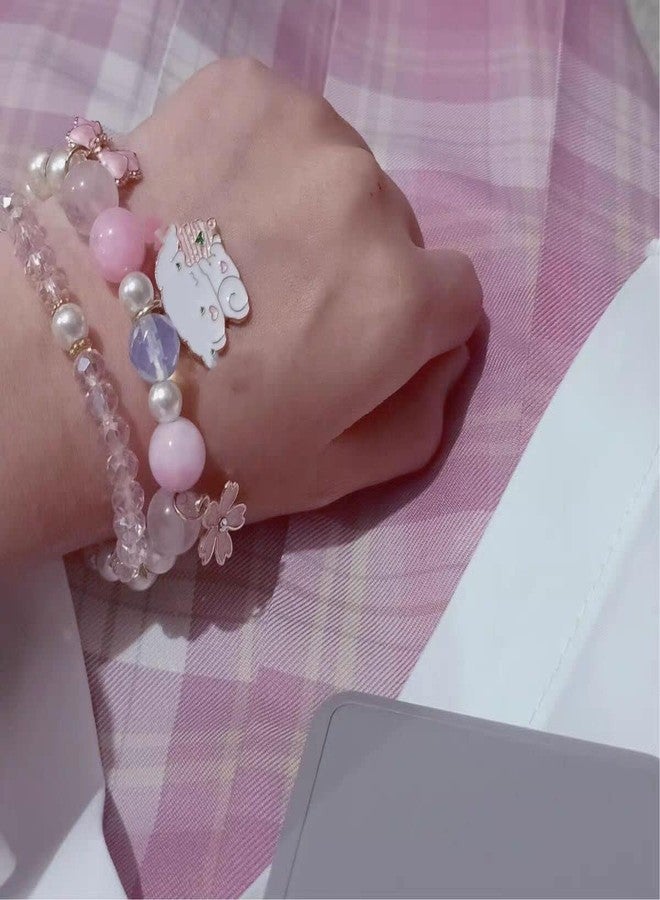 أساور بينغيونغ تشانغ المرنة برسومات كرتونية، مزينة بخرز كريستالي ولؤلؤ، أساور خرز قابلة للتعديل بتصميم كاواي لطيف للنساء، أساور ساحرة للتخرج، هدية عيد ميلاد - وردي - Image 5