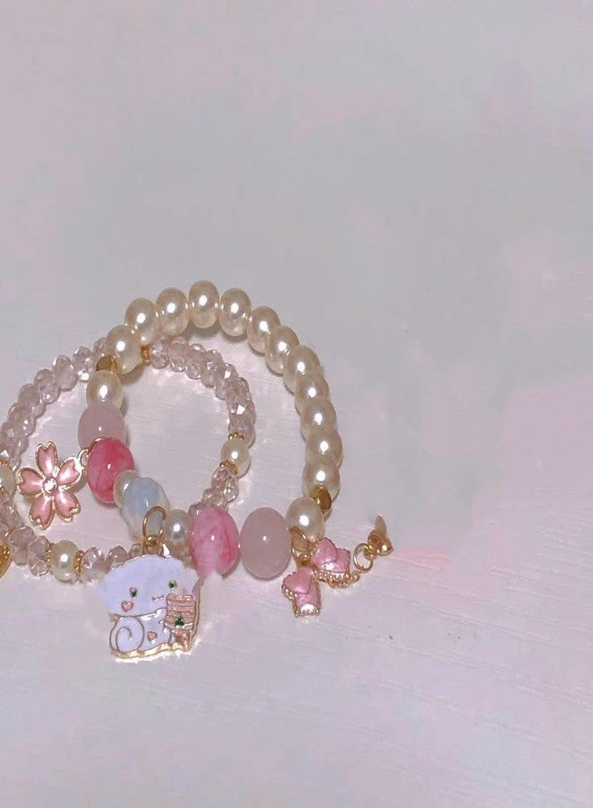 أساور بينغيونغ تشانغ المرنة برسومات كرتونية، مزينة بخرز كريستالي ولؤلؤ، أساور خرز قابلة للتعديل بتصميم كاواي لطيف للنساء، أساور ساحرة للتخرج، هدية عيد ميلاد - وردي - Image 4