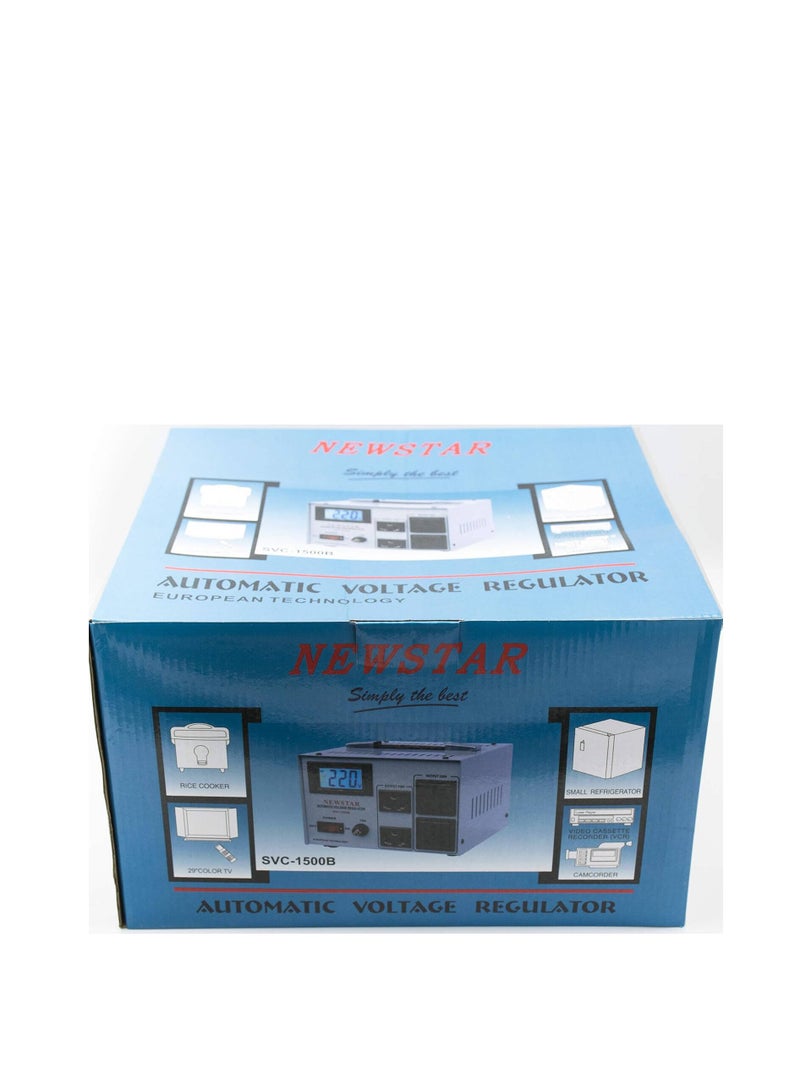 Newstar 1500 Power Regulator, Servo Motor Type Voltage Stabilizer, LCD Display,1500 VA /1100 Watts, 50/60Hz, Overcurrent Protector, Surge Protection | SVC-1500B - Image 2