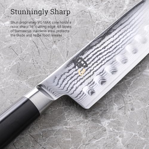 Shun Classic 7" Hollow Ground Santoku Knife, Handcrafted Japanese Cutting Knife, VG-MAX Core with Damascus Stainless Steel Cladding, Pakkawood Handle - Image 3
