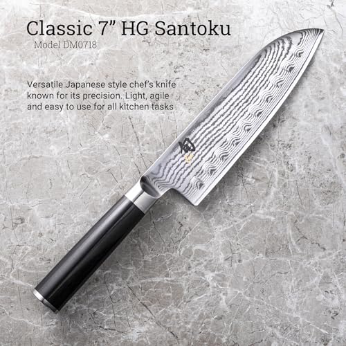 Shun Classic 7" Hollow Ground Santoku Knife, Handcrafted Japanese Cutting Knife, VG-MAX Core with Damascus Stainless Steel Cladding, Pakkawood Handle - Image 2