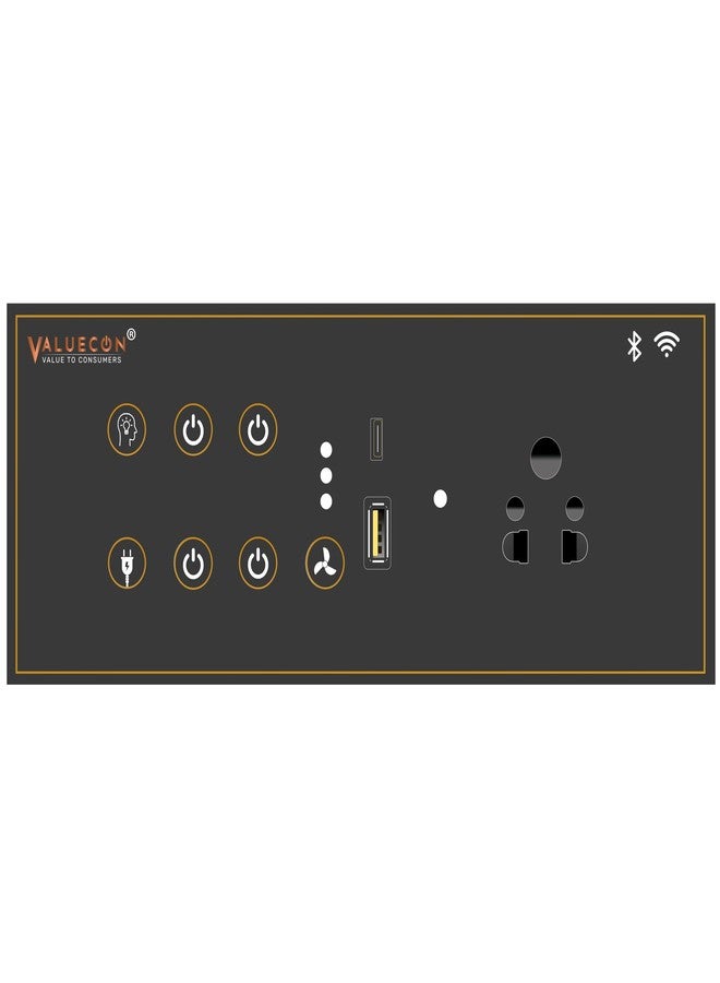 VALUECON® i380 6 modular Smart Wifi Switch Board with 4 Switch,1 Fan,1 Socket, C & A type USB charging ports| App Control, Voice-controlled by Alexa, G. Home, G. Assistant-D.Grey - Image 1