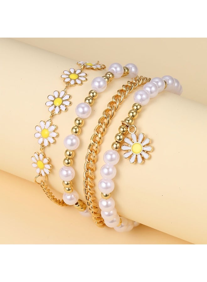 4-Piece Daisy Pearl Bracelet Set for Women – Cute Flower Charm Chain Bracelets, Elegant Beaded Jewelry for Girls - Image 1