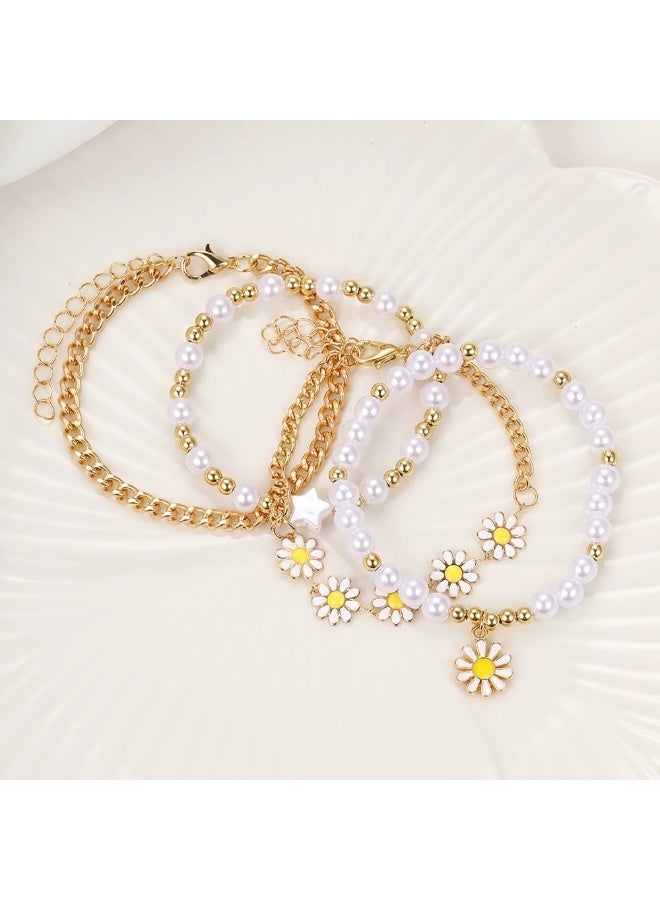 4-Piece Daisy Pearl Bracelet Set for Women – Cute Flower Charm Chain Bracelets, Elegant Beaded Jewelry for Girls - Image 3