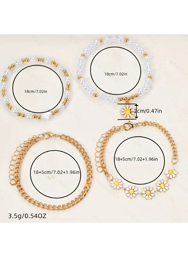 4-Piece Daisy Pearl Bracelet Set for Women – Cute Flower Charm Chain Bracelets, Elegant Beaded Jewelry for Girls - Image 4
