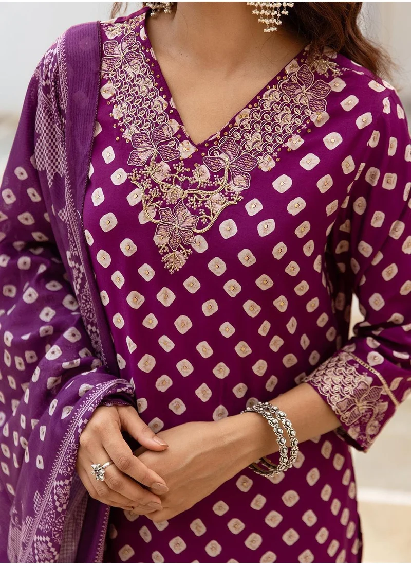 آي شين Women's Purple Modal Muslin Printed Tunic Full Length Casual Straight Fit Kurta Set