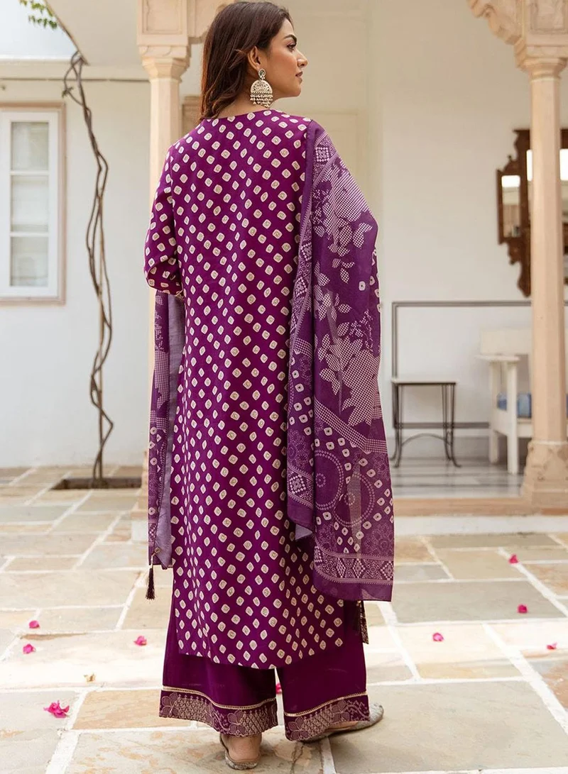 ISHIN Women's Purple Modal Muslin Printed Tunic Full Length Casual Straight Fit Kurta Set