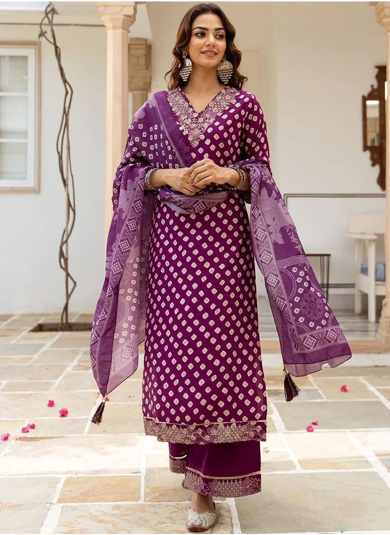 آي شين Women's Purple Modal Muslin Printed Tunic Full Length Casual Straight Fit Kurta Set