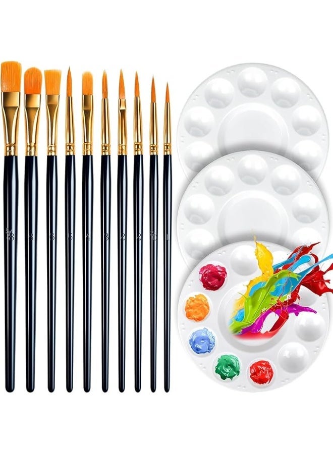 Paint Brushes Set with Paint Tray Palette, Round Paint Palettes and Paintbrushes, 3Pcs Plastic Paint Palettes, 10Pcs Artist Painting Brushes, Nylon Hair Paintbrush, for Oil Watercolor, Beginners - Image 1