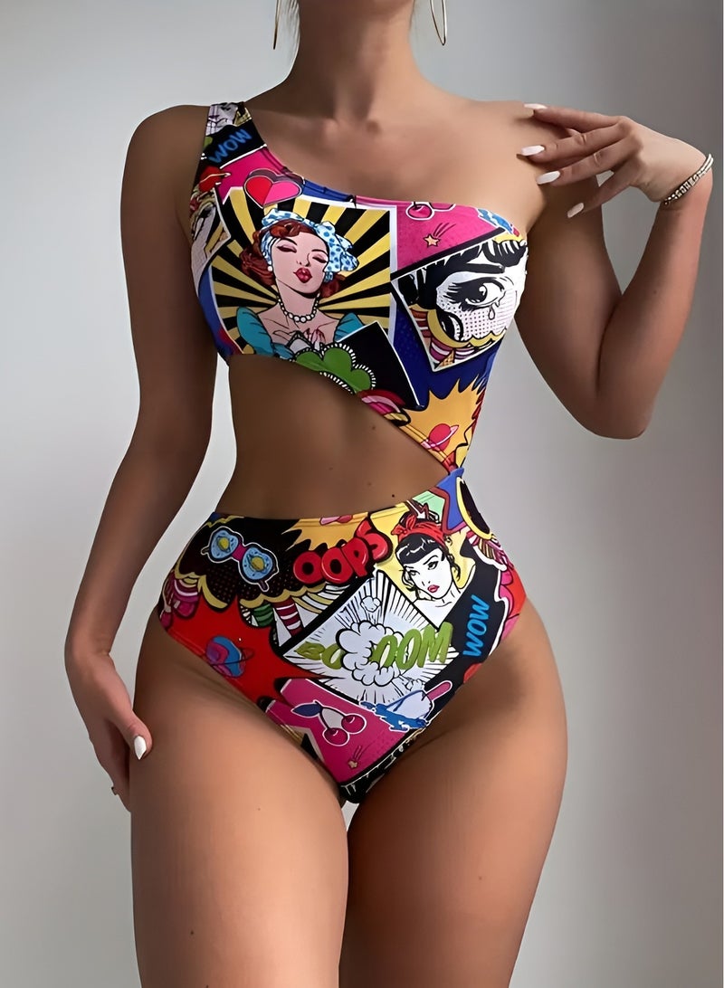 شارلي ملابس سباحة نسائية حصرية مونوكيني بكتف واحد وفتحات - قطعة واحدة عالية الخصر بتصميم فن البوب - ملابس سباحة مثيرة للشاطئ وحمام السباحة - مقاس M - كمية محدودة - Image 1