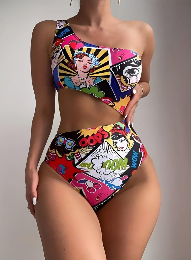 شارلي ملابس سباحة نسائية حصرية مونوكيني بكتف واحد وفتحات - قطعة واحدة عالية الخصر بتصميم فن البوب - ملابس سباحة مثيرة للشاطئ وحمام السباحة - مقاس M - كمية محدودة - Image 2