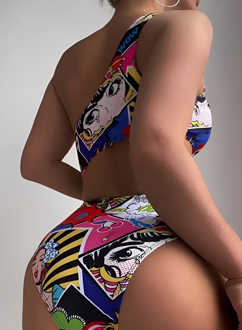 شارلي ملابس سباحة نسائية حصرية مونوكيني بكتف واحد وفتحات - قطعة واحدة عالية الخصر بتصميم فن البوب - ملابس سباحة مثيرة للشاطئ وحمام السباحة - مقاس M - كمية محدودة - Image 3