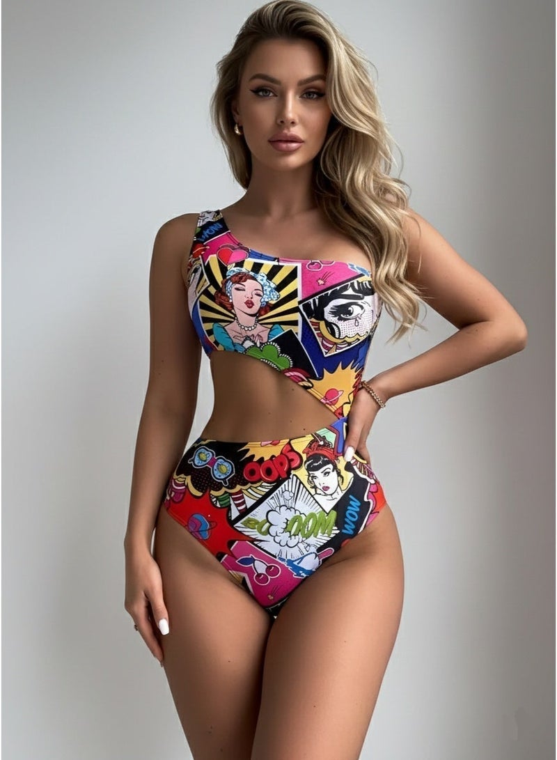 شارلي ملابس سباحة نسائية حصرية مونوكيني بكتف واحد وفتحات - قطعة واحدة عالية الخصر بتصميم فن البوب - ملابس سباحة مثيرة للشاطئ وحمام السباحة - مقاس M - كمية محدودة - Image 1