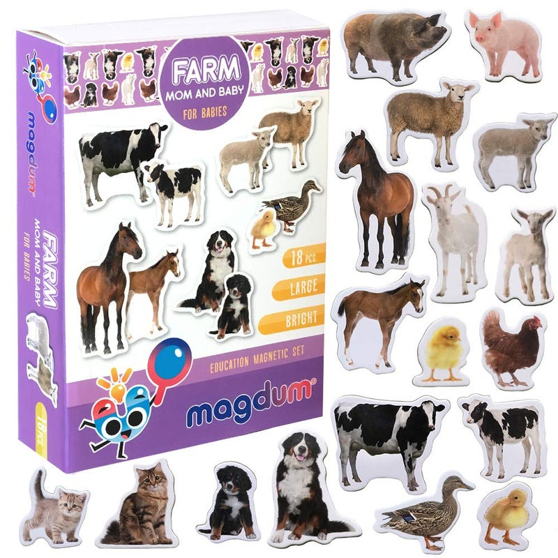 Fridge Magnets for Toddlers Magdum 18 Farm Animal Magnets for Refrigerator Safe Real Magnetic Animals Mom Baby Big Realistic magnets for Kids Learning Toy Set Children Educational Gift