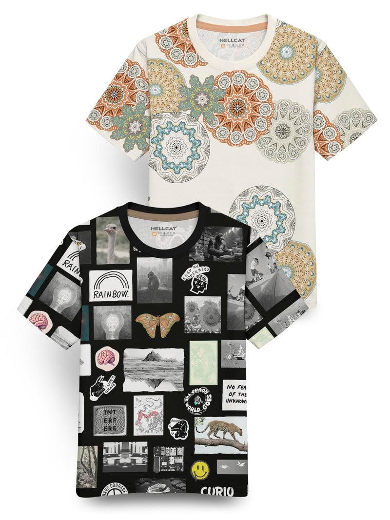 HELLCAT Boys Cotton Blend Regular Fit Trendy Front & Back Graphic Printed Half Sleeve Premium Round Neck Tshirt- Pack of 2 Beige3/Black1 11-12 Years - Image 1