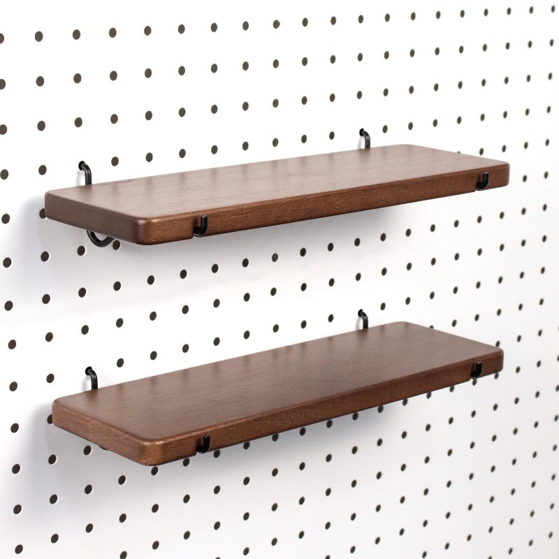 SEMPOMA 2 Pcs Walnut Finish Solid Wood Pegboard Shelf, High Balance and No tilt, Wooden Peg Board Shelves for 1/4" Metal Pegboard, Pegboard Accessories - Image 1