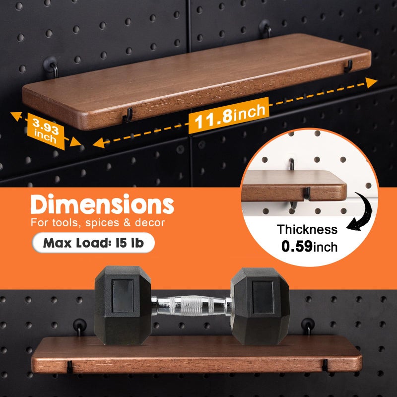 SEMPOMA 2 Pcs Walnut Finish Solid Wood Pegboard Shelf, High Balance and No tilt, Wooden Peg Board Shelves for 1/4" Metal Pegboard, Pegboard Accessories - Image 2