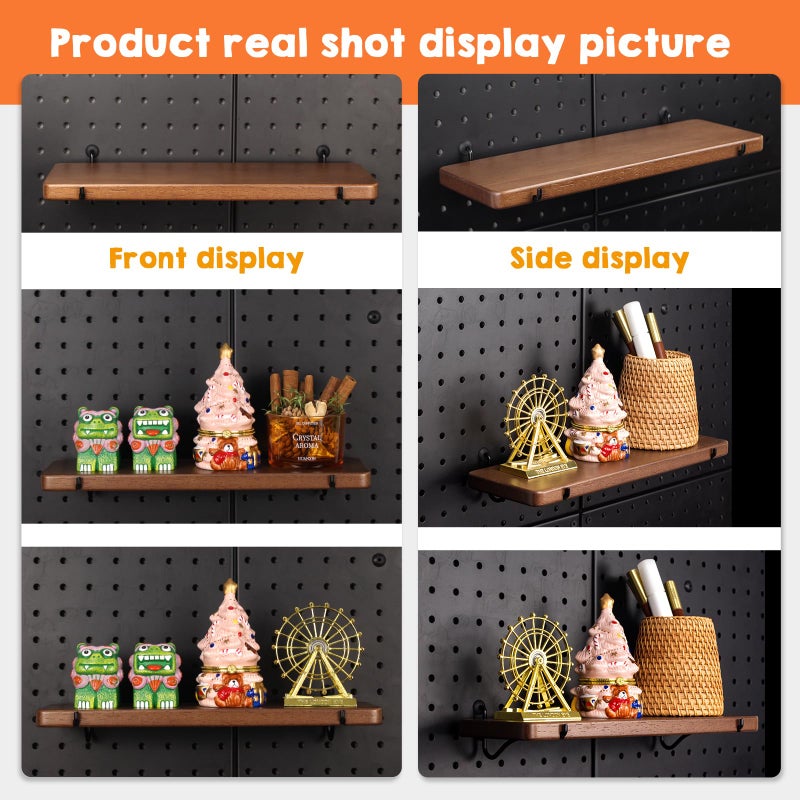 SEMPOMA 2 Pcs Walnut Finish Solid Wood Pegboard Shelf, High Balance and No tilt, Wooden Peg Board Shelves for 1/4" Metal Pegboard, Pegboard Accessories - Image 5