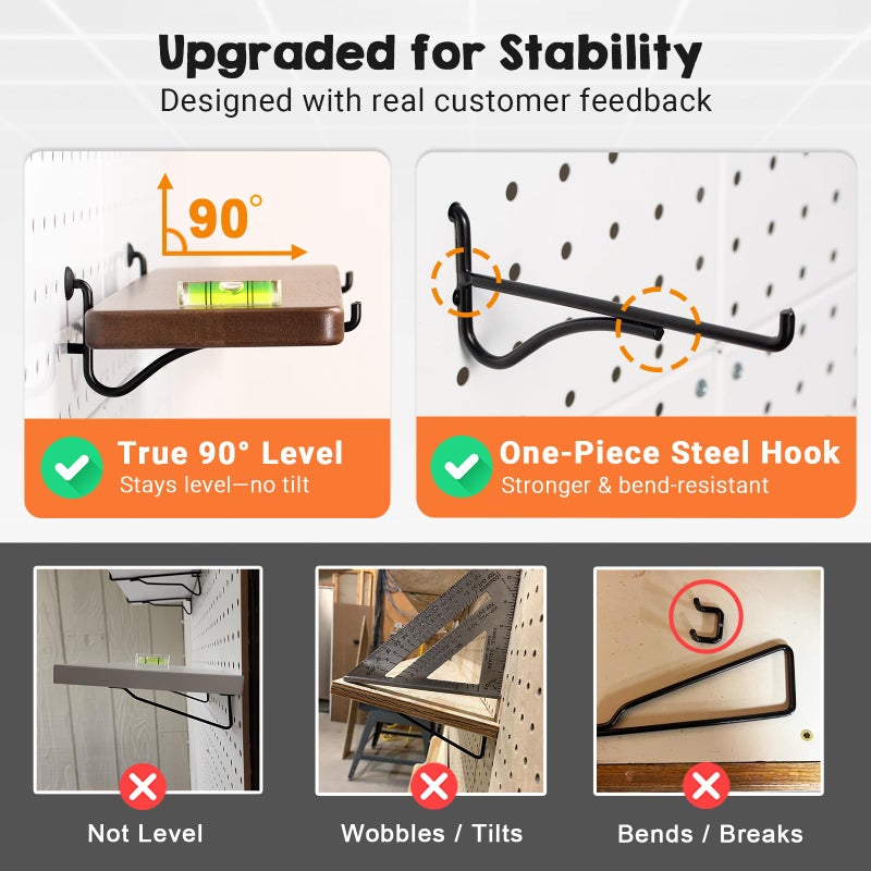 SEMPOMA 2 Pcs Walnut Finish Solid Wood Pegboard Shelf, High Balance and No tilt, Wooden Peg Board Shelves for 1/4" Metal Pegboard, Pegboard Accessories - Image 4