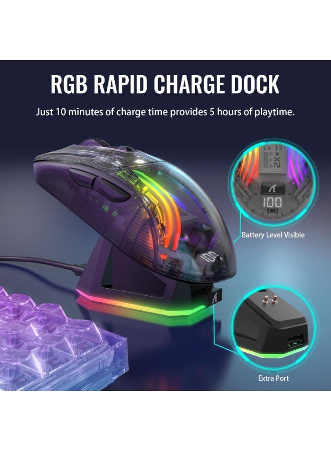 هجوم القرش ماوس ألعاب لاسلكي مع قاعدة شحن RGB X2 Pro، ماوس ألعاب كمبيوتر ثلاثي الأوضاع 2.4 جيجاهرتز/بلوتوث/سلكي، ماوس صامت بإضاءة خلفية RGB، غلاف شفاف، PixArt 3212 4000 نقطة في البوصة، لنظامي التشغيل Windows وMAC - أسود - Image 3