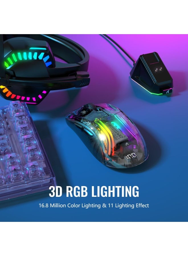 هجوم القرش ماوس ألعاب لاسلكي مع قاعدة شحن RGB X2 Pro، ماوس ألعاب كمبيوتر ثلاثي الأوضاع 2.4 جيجاهرتز/بلوتوث/سلكي، ماوس صامت بإضاءة خلفية RGB، غلاف شفاف، PixArt 3212 4000 نقطة في البوصة، لنظامي التشغيل Windows وMAC - أسود - Image 4