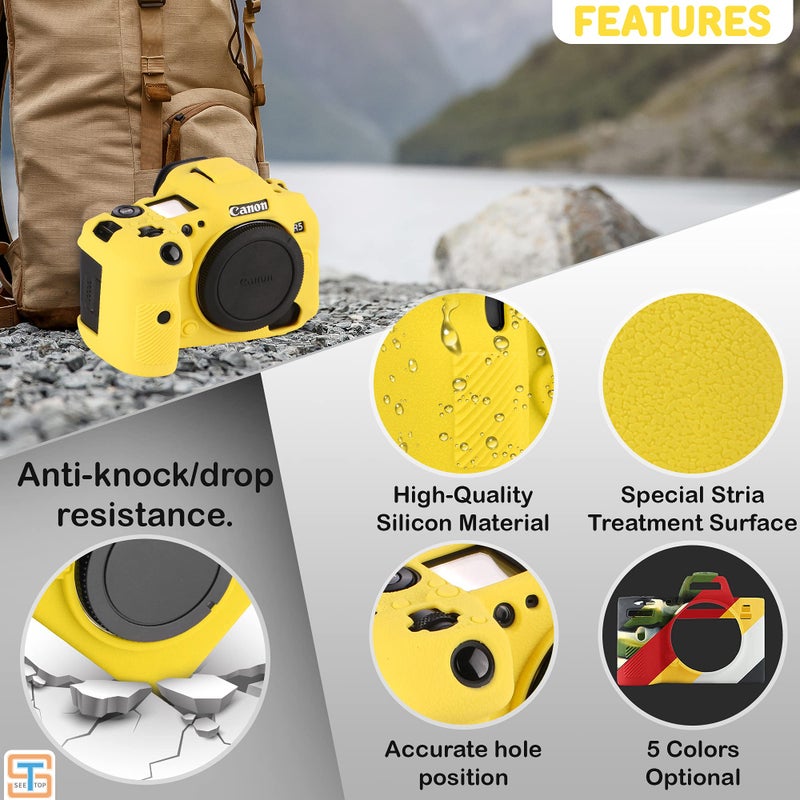 STSEETOP Camera Case for Canon R5 - Silicone Protective DSLR Skin Cover, Detachable Cage, Shockproof, Dustproof (Yellow) - Image 2