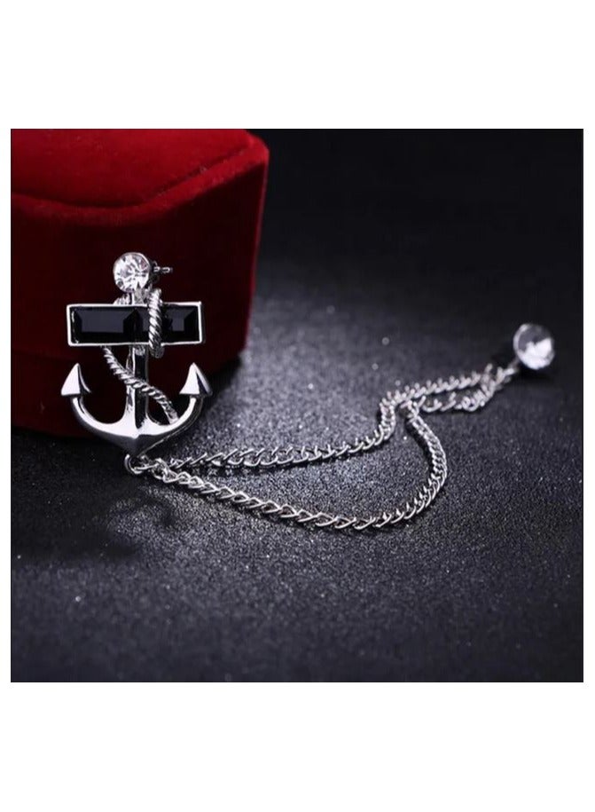 Anchor Stone Chain Brooch for Men & Women – Elegant Fashion Suit Accessory, Nautical-Themed Lapel Pin with Stone & Chain for Jackets, Collars, & Shirts - Image 1