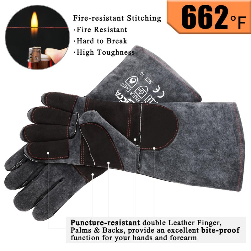RAPICCA Animal Handling Gloves Bite Proof Double Leather Reinforced Padding Dog,Cat Scratch,Bird Handling Falconry Gloves Grabbing Reptile Squirrel Snake Bite 16in Grey-Black - Image 2