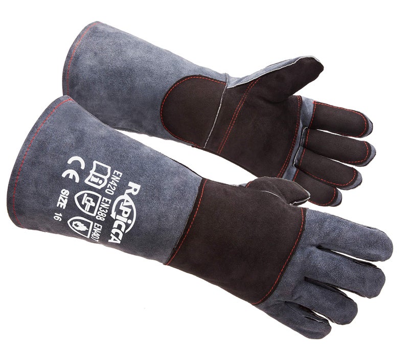 RAPICCA Animal Handling Gloves Bite Proof Double Leather Reinforced Padding Dog,Cat Scratch,Bird Handling Falconry Gloves Grabbing Reptile Squirrel Snake Bite 16in Grey-Black - Image 1