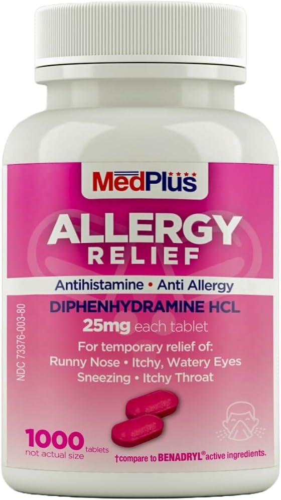 MedPlus Allergy Relief Medicine, 25 mg, 1000 Tablets | Diphenhydramine Hcl | Antihistamine | Relief for Indoor & Outdoor Allergies - Made in USA