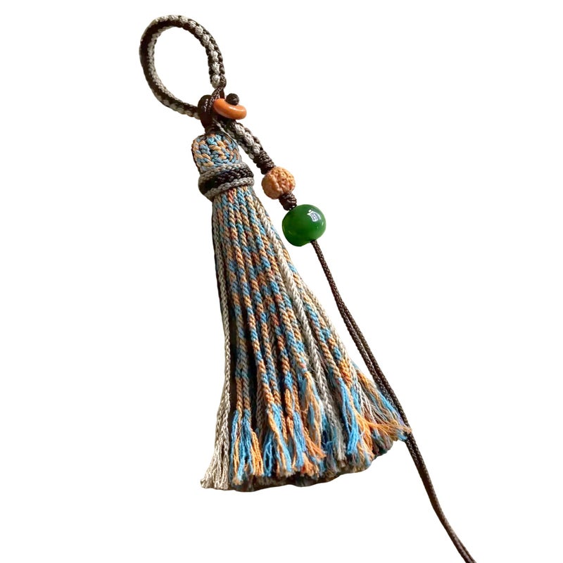 Chiorgone Handmade Tibetan Yarn Tassel Keychain, Boho Phone Chain with Amber & Jade Beads, Pendant Decoration for Car Keys/Backpacks. - Image 1