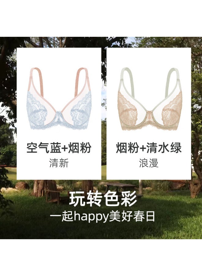 Hsia New Color, Large Bust Minimizer, Full Coverage Lace Bra, Air Blue Contrasting Pink, 80c