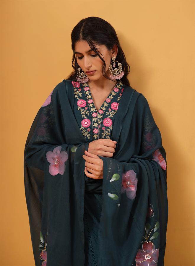 ISHIN Women's Teal Cotton Embroidered Tunic Upperwear Calf Length Palazzo Bottomwear Straight Fit 3 Peice Kurta Set - Image 5