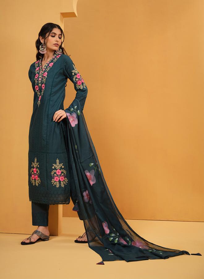 ISHIN Women's Teal Cotton Embroidered Tunic Upperwear Calf Length Palazzo Bottomwear Straight Fit 3 Peice Kurta Set - Image 3