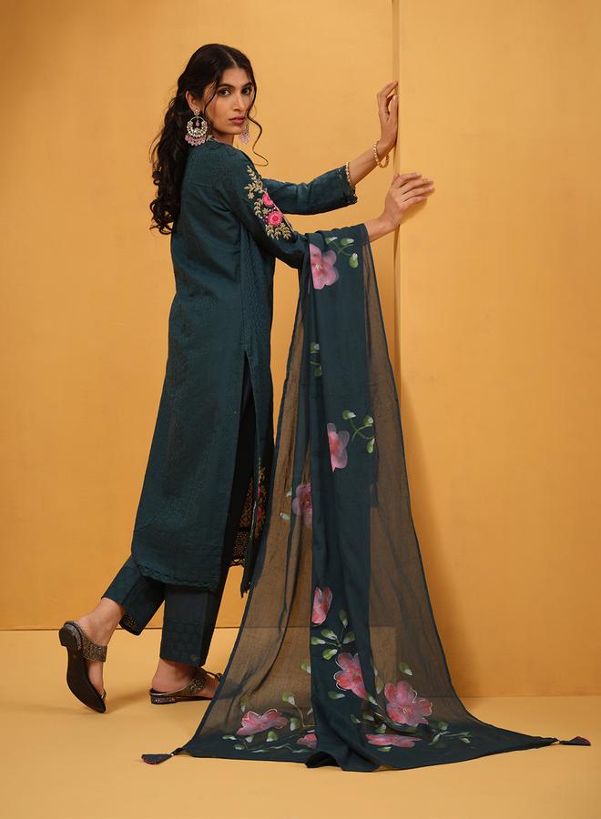 ISHIN Women's Teal Cotton Embroidered Tunic Upperwear Calf Length Palazzo Bottomwear Straight Fit 3 Peice Kurta Set - Image 2