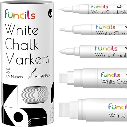 Funcils 5 White Chalk Markers for Chalkboard Signs Blackboard Car Window Bistro Glass 5 Variety Pack Thin Fine Tip Bold Jumbo Size Erasable Liquid Chalk Pens 1mm 3mm 6mm 10mm 15mm - Image 1