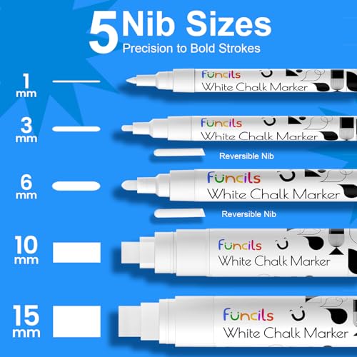 Funcils 5 White Chalk Markers for Chalkboard Signs Blackboard Car Window Bistro Glass 5 Variety Pack Thin Fine Tip Bold Jumbo Size Erasable Liquid Chalk Pens 1mm 3mm 6mm 10mm 15mm - Image 3