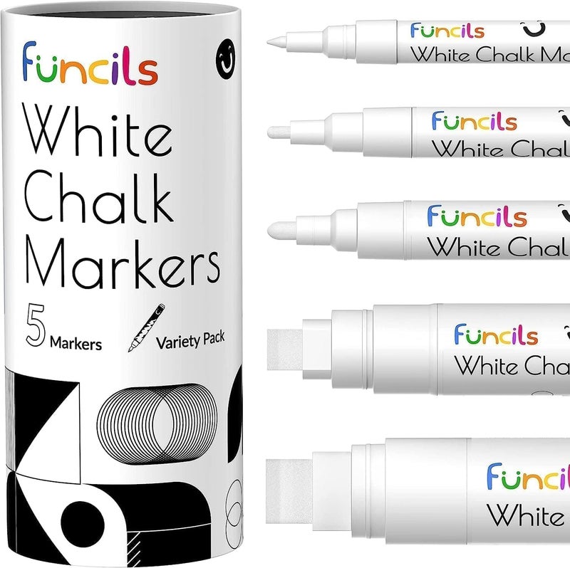 Funcils 5 White Chalk Markers for Chalkboard Signs Blackboard Car Window Bistro Glass 5 Variety Pack Thin Fine Tip Bold Jumbo Size Erasable Liquid Chalk Pens 1mm 3mm 6mm 10mm 15mm - Image 2