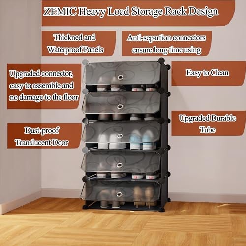 Zemic 𝟓 𝐒𝐡𝐞𝐥𝐟 Shoe Rack Plastic & 𝐏𝐥𝐚𝐬𝐭𝐢𝐜 𝐒𝐡𝐨𝐞 𝐑𝐚𝐜𝐤 𝐟𝐨𝐫 𝐇𝐨𝐦𝐞 Storage Plastic Organizer with Door for Entryway, Chappal Slipper Sandals Stand【Black, 5-Shelf-5-Door】 - Image 5