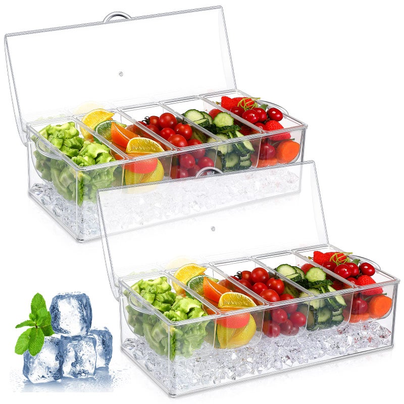 meekoo 2 Pieces 5 Chilled Condiment Server with Hinged Lid Condiment Tray with Ice Chamber Cooled Compartment Container Caddy Organizer Removable Dishes for Salad Fruit Cheese Outdoor Party Bar Supplies - Image 1