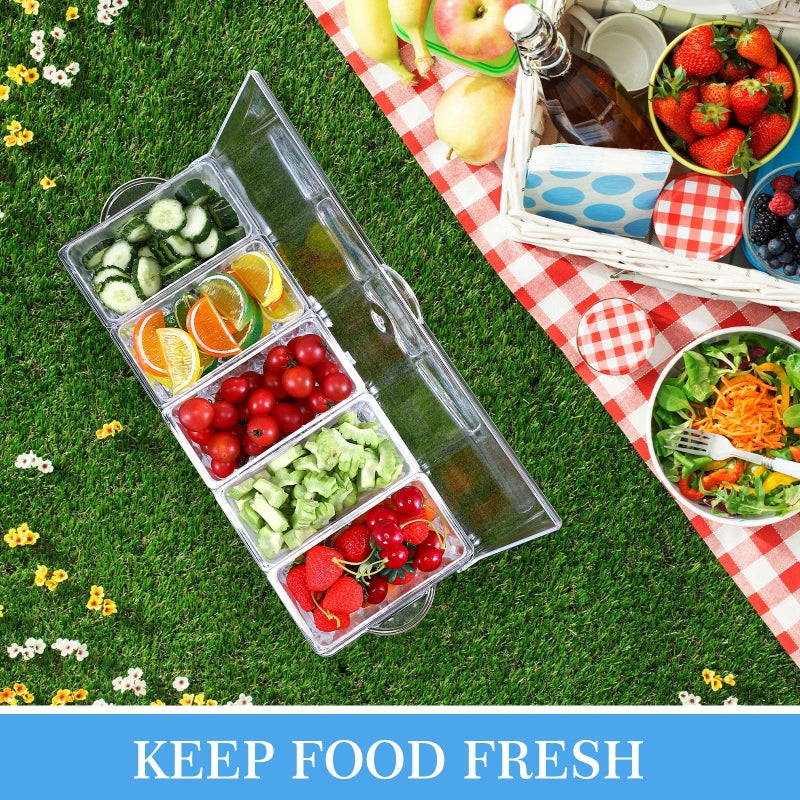 meekoo 2 Pieces 5 Chilled Condiment Server with Hinged Lid Condiment Tray with Ice Chamber Cooled Compartment Container Caddy Organizer Removable Dishes for Salad Fruit Cheese Outdoor Party Bar Supplies - Image 5