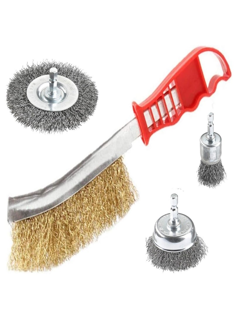 Simba Wire Brush Set for Rust Removal and Surface Cleaning, 4 Pieces with 1", 1.5", 3" and Knife Shapes, Brass Coated for Drill Use  - Image 1