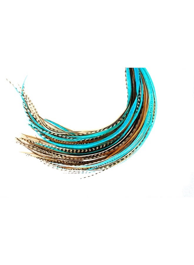 Feather Headz 21 Natural & Turquoise Color Hair Feathers - 7”- 12” Long - Feathers for Hair Extension, Rooster Feathers DIY Kit - Eye-Catching Design - 10 Micro-link Beads - 100% Real Rooster Feathers - Image 1