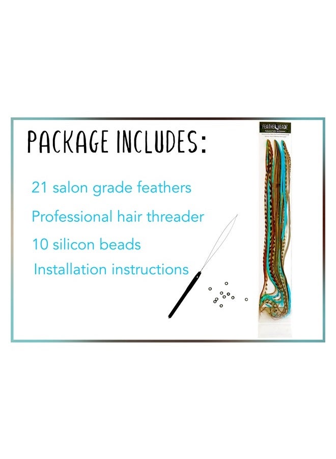 Feather Headz 21 Natural & Turquoise Color Hair Feathers - 7”- 12” Long - Feathers for Hair Extension, Rooster Feathers DIY Kit - Eye-Catching Design - 10 Micro-link Beads - 100% Real Rooster Feathers - Image 2