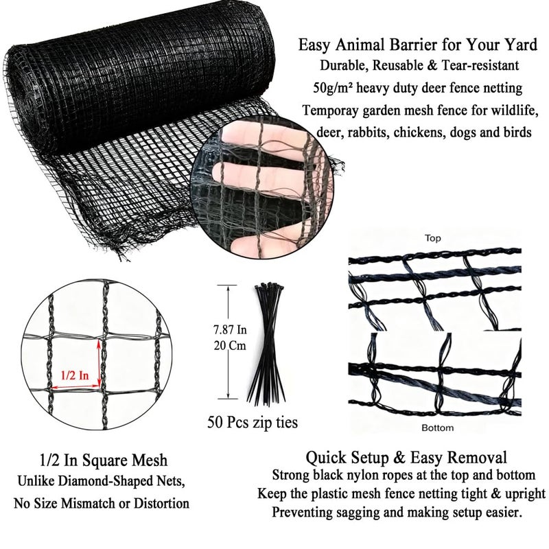 Junkogo Deer Fence Netting, 5x100 Ft Plastic Mesh Netting for Garden Protection, Temporary Fence Animals Barrier for Bird, Chicken, Reusable Mesh Fencing Roll for Vegetable, Fruit Tree, Shrubs, Black - Image 2